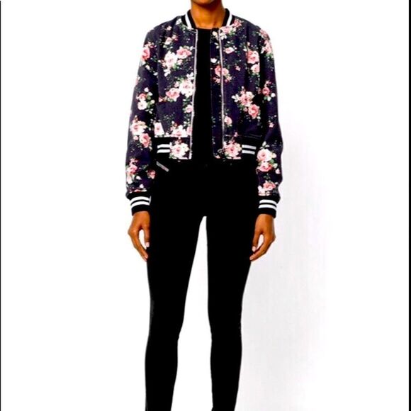 Diesel Floral Bomber Jacket NWT XS – Black Pink Rose Print Cropped Varsity Style - Picture 5 of 10